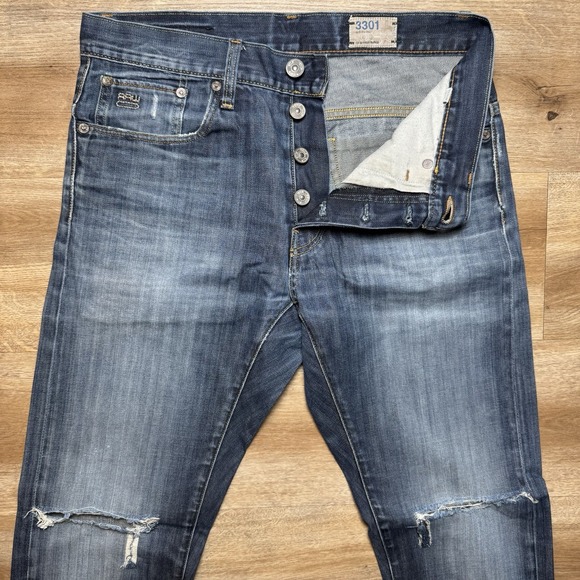 G Star RAW Jeans Men 32x32 Blue 3301 Straight Leg Ripped Denim Faded Cotton Y2K - Picture 1 of 13